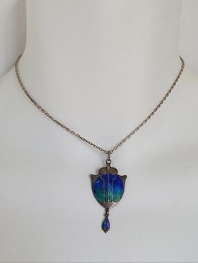 James Fenton Antique 1911 Sterling Silver Blue Green Enamel Pendant Necklace